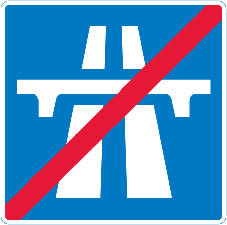 End of motorway regulations, including the national speed limit sign