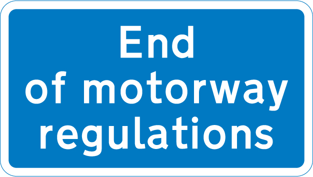 Entrance to motorway service area, or similar facility within the length of a motorway where motorway regulations cease to apply sign