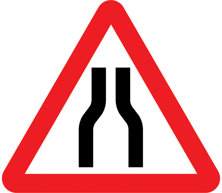 UK road narrows warning sign: a red-bordered triangle showing the road narrowing on both sides.