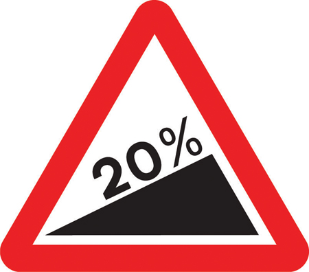 Steep hill upwards ahead (20%) sign