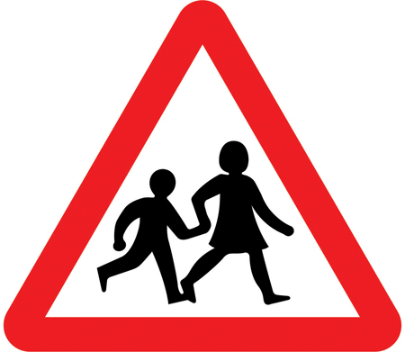 UK school children warning sign: a red-bordered triangle showing children walking.