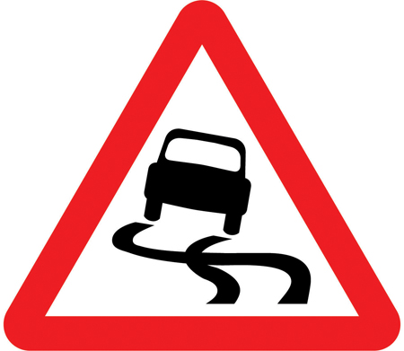 UK slippery road warning sign: a red-bordered triangle showing a car with skid marks.