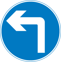 UK turn left ahead sign: a blue circle with a white arrow curving left.