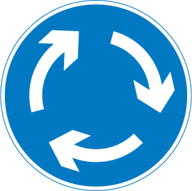 UK mini-roundabout sign: a blue circle with white circular arrows.