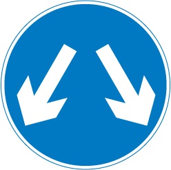Vehicular traffic may reach the same destination by passing either side of the sign sign