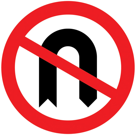 UK no U-turn sign: a red circle with a U-turn arrow crossed by a red bar.