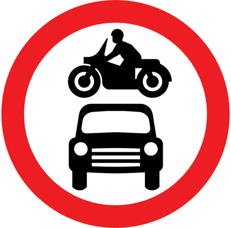 UK motor vehicles prohibited sign: a red circle containing a motorcycle above a car.