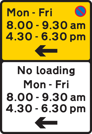 UK no waiting sign with a time plate: a blue circle with a single red diagonal above a panel showing restricted times.