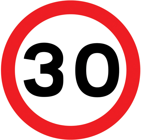 UK 30 mph speed limit sign: a white circle with a red border containing the number 30.