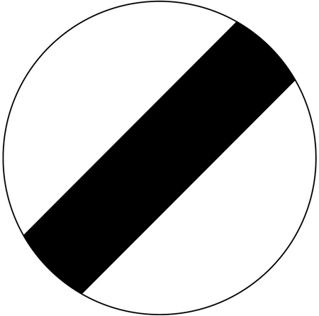 UK national speed limit sign: a white circle crossed by a single black diagonal stripe.