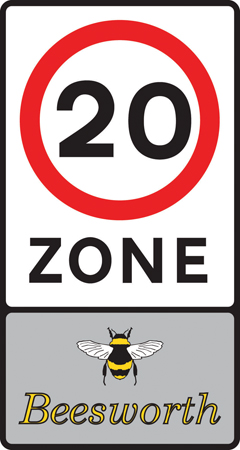 UK sign marking entry to a 20 mph zone, shown with traffic-calming symbols.