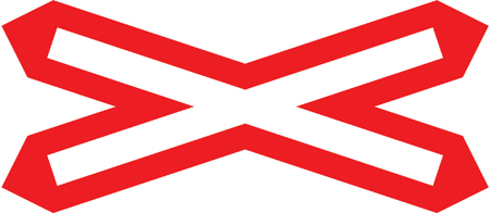 The St Andrew's cross: a red and white cross marking a level crossing with no gate or barrier.