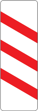 UK countdown marker with three red bars on a white background, used on the approach to a concealed level crossing.