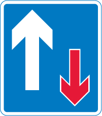 UK priority sign: a blue rectangle with a large white upward arrow and a smaller red arrow.