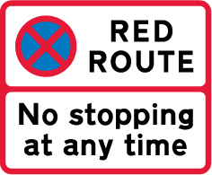 UK no stopping clearway sign: a blue circle with a red border and a red diagonal cross.