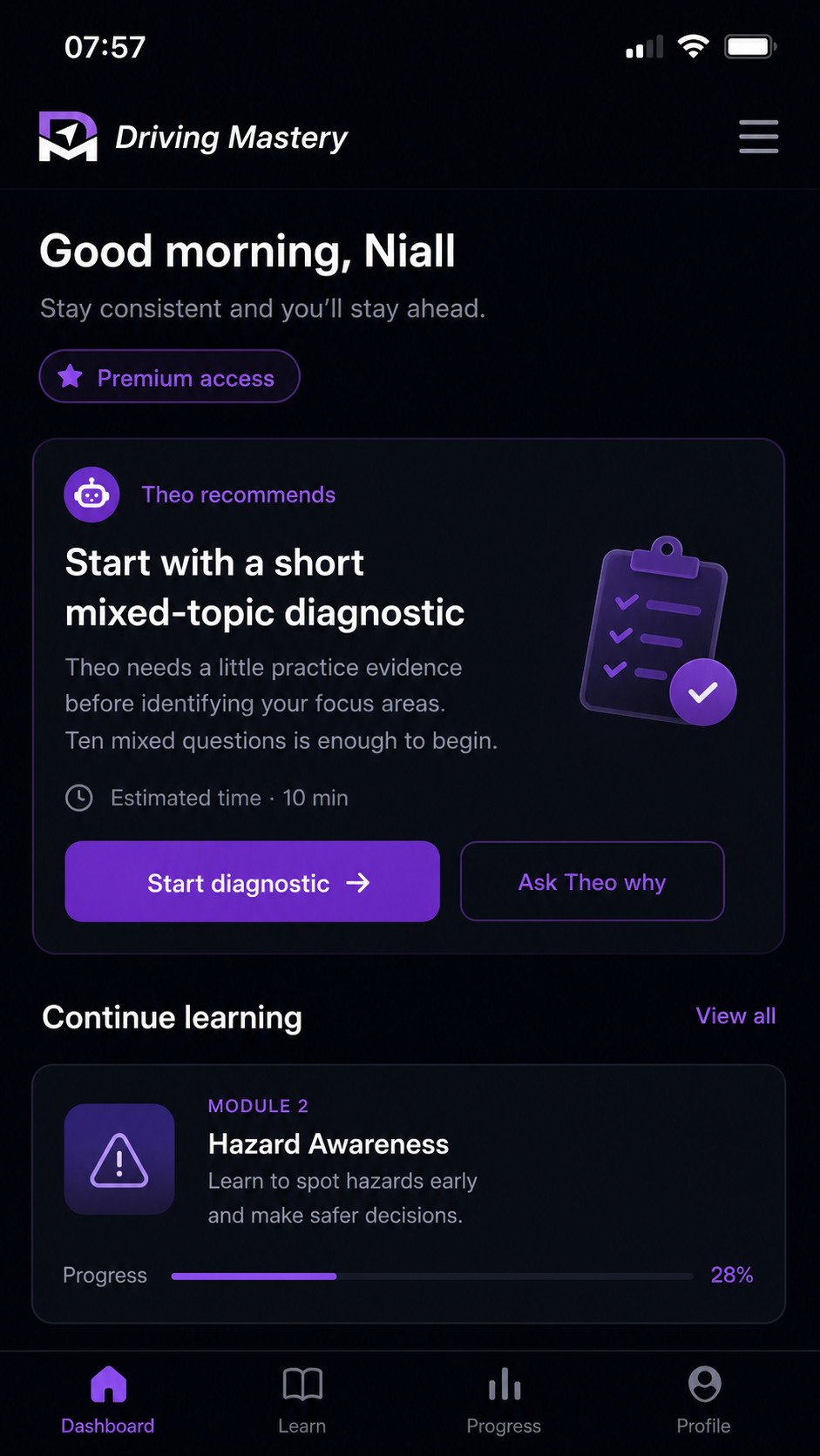 Driving Mastery dashboard card recommending a short mixed-topic diagnostic with buttons to start diagnostic or ask Theo why.