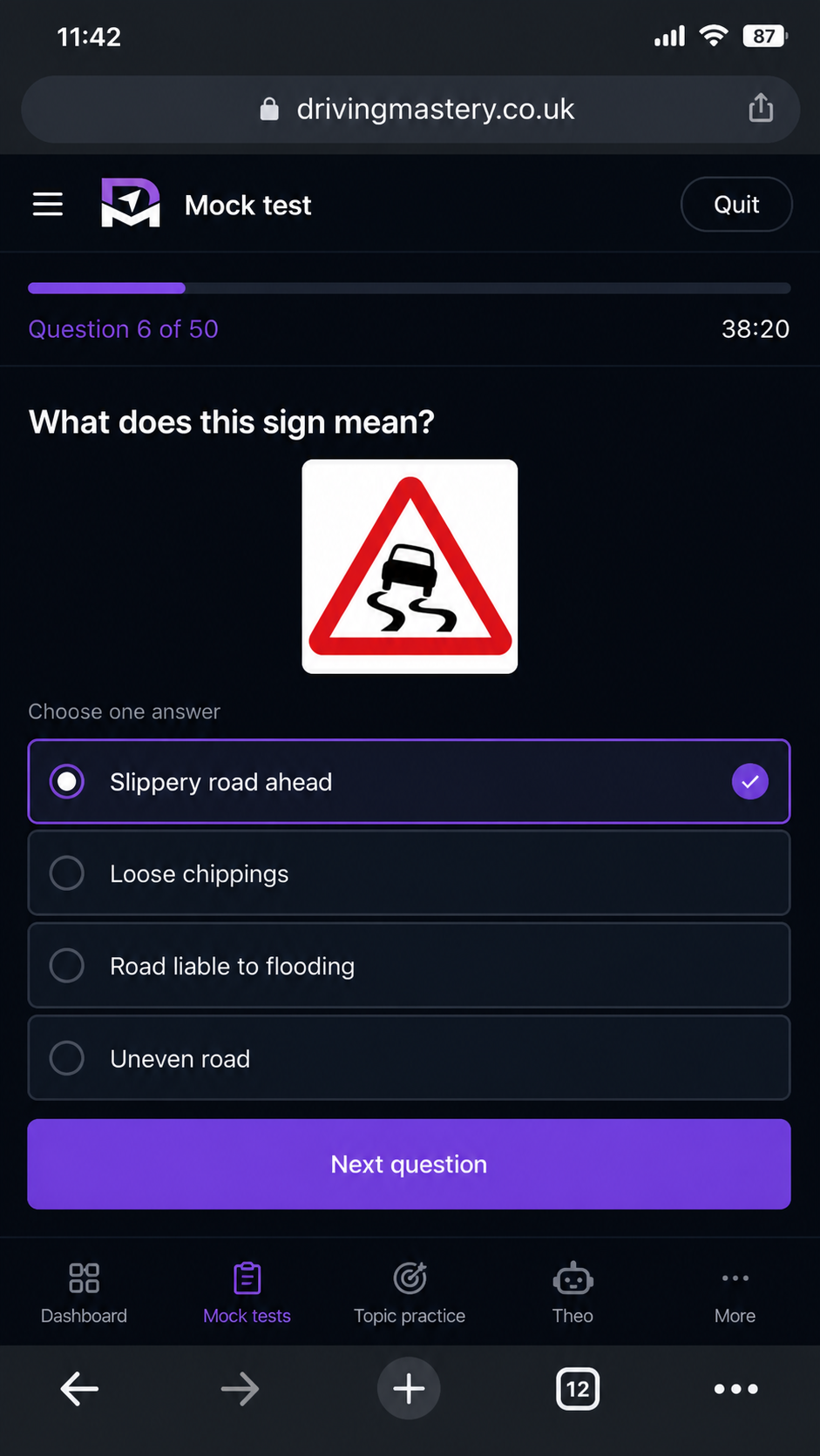 Driving Mastery mobile mock test screen showing question 6 of 50 with a road sign question and multiple-choice answers.