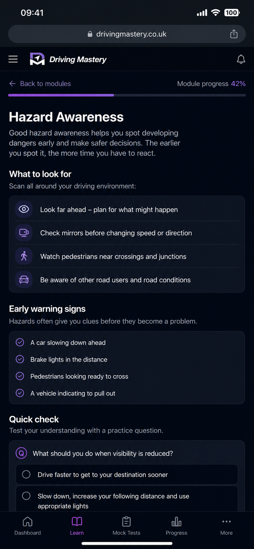 Driving Mastery module detail screen for hazard awareness with lesson points and a quick check practice question.