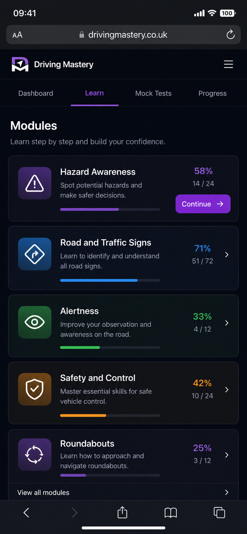 Driving Mastery modules screen showing learner progress across hazard awareness, road and traffic signs, alertness, safety and control, and roundabouts.