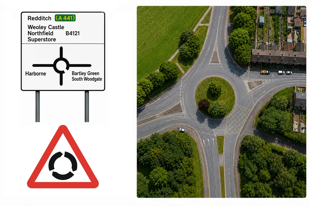 A UK direction sign showing a roundabout's layout with its exits and destinations, with a red triangular roundabout-ahead warning sign below it, beside an aerial photograph of the same style of roundabout.