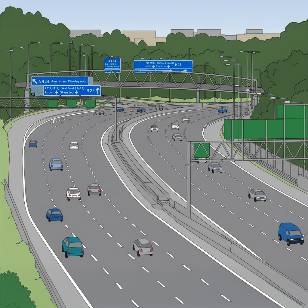Motorway showing multiple lanes, central reservation, blue motorway signs, and various vehicles