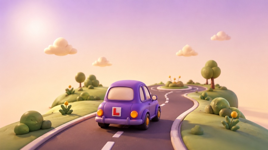 Learner car with an L-plate driving toward a roundabout