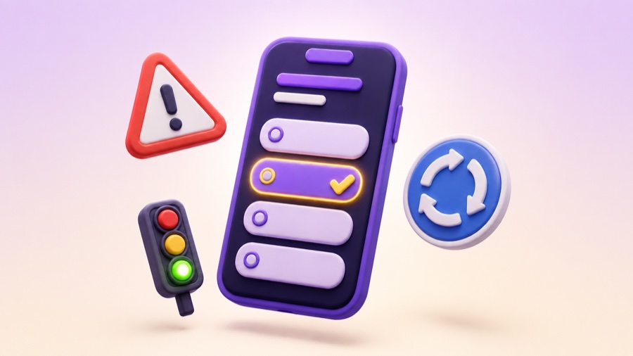 Theory test app preview with quiz, road signs and traffic light