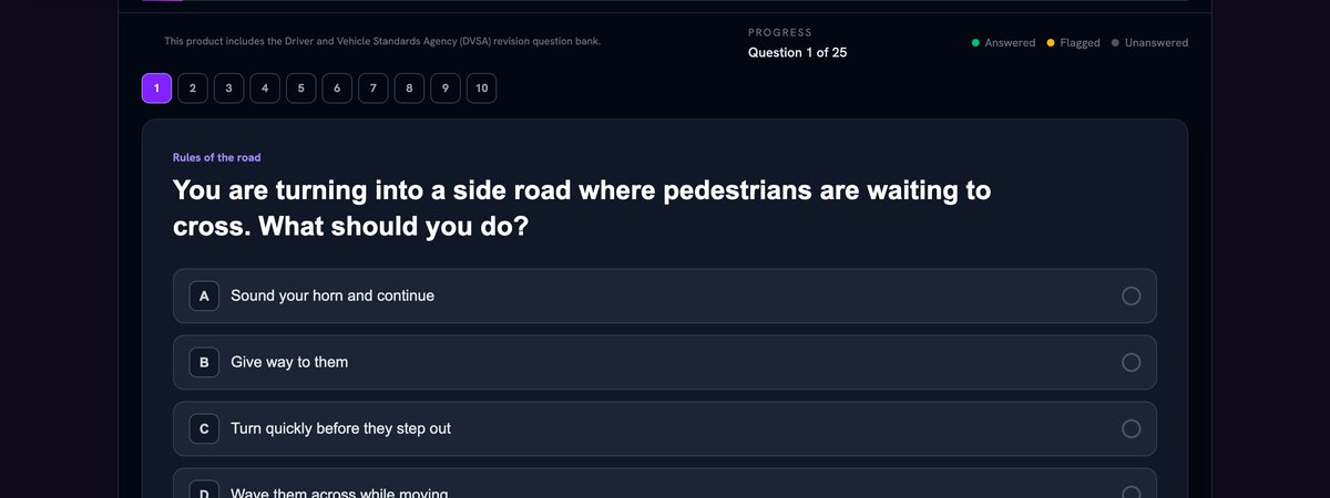 A mock test in progress, showing a question and four answer options.